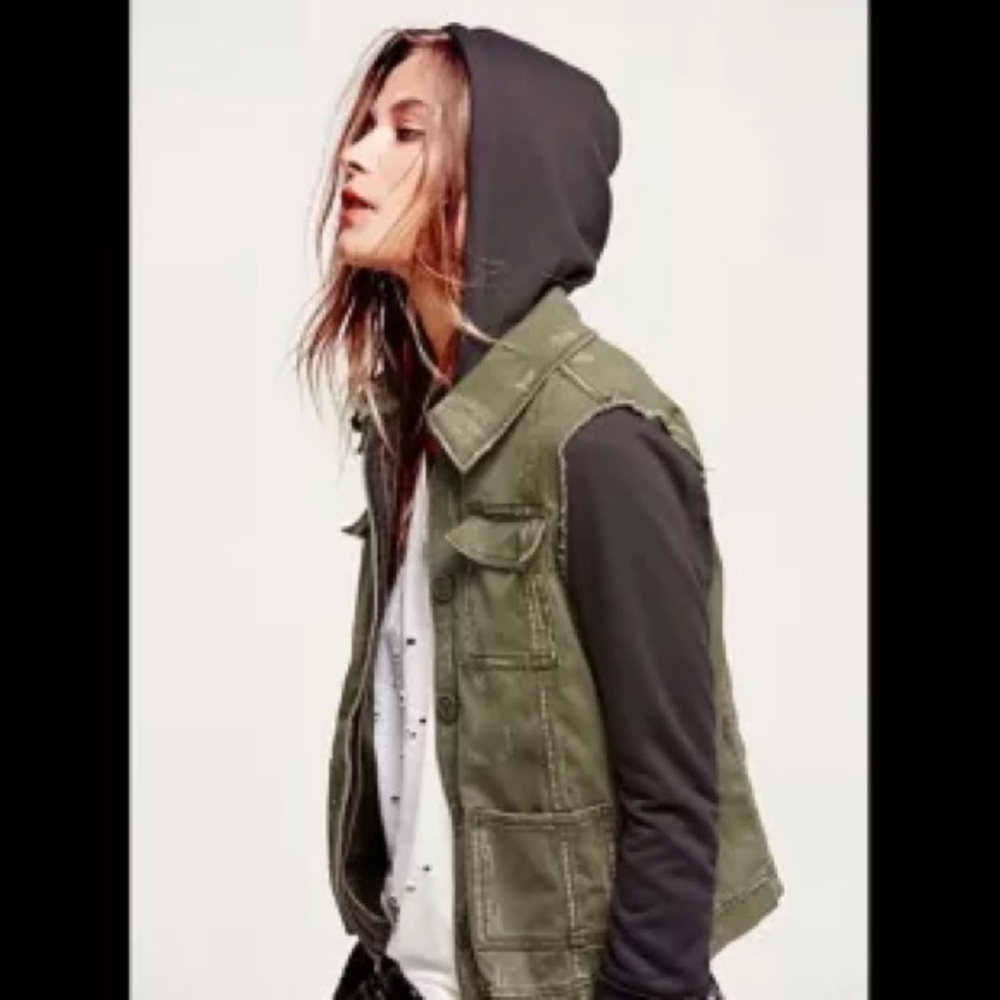 Free People Women's Olive Green Hooded Distressed Army Jacket XS